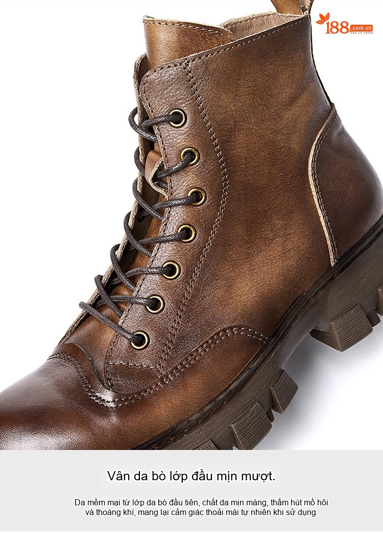 Giày Boot Martin Nam Da Thật Cổ Cao Đế Dày Phong Cách Retro Chiều Cao Đế Khoảng 5cm Màu Nâu, Đen chi tiết 9