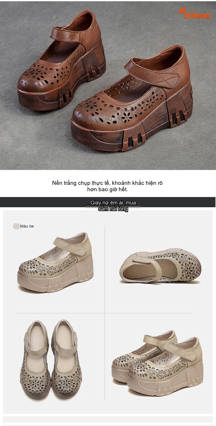 Dép Sandal Nữ Quai Dán Đế Bệt Phong Cách Retro Thoáng Khí Đế Cao 5cm - 6cm Màu Nâu, Kem chi tiết 15