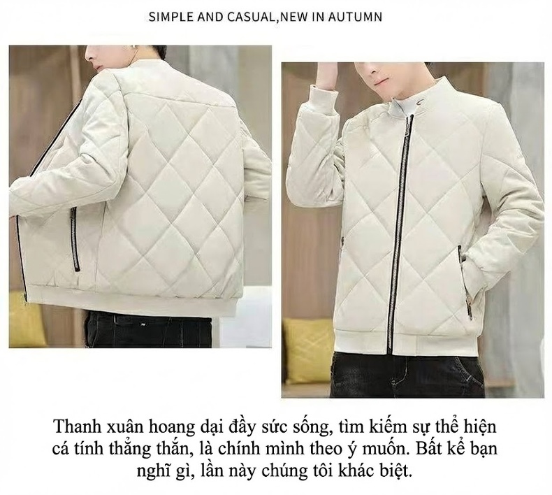 Áo Khoác Phao Nam Cotton Dày Dặn Lót Lông Cừu Giữ Ấm Kiểu Bomber Màu Đen, Xám, Kem chi tiết 6