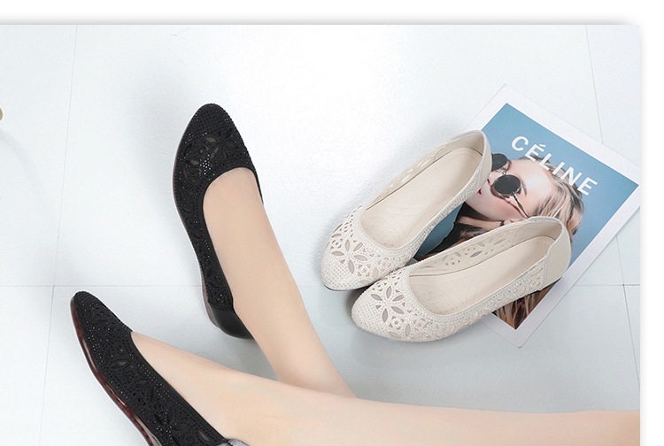 Giày Búp Bê Lưới Lỗ Da Mềm Mỏng Thoáng Khí Mùa Hè Chiều Cao Đế Khoảng 1cm Màu Kem, Đen chi tiết 10