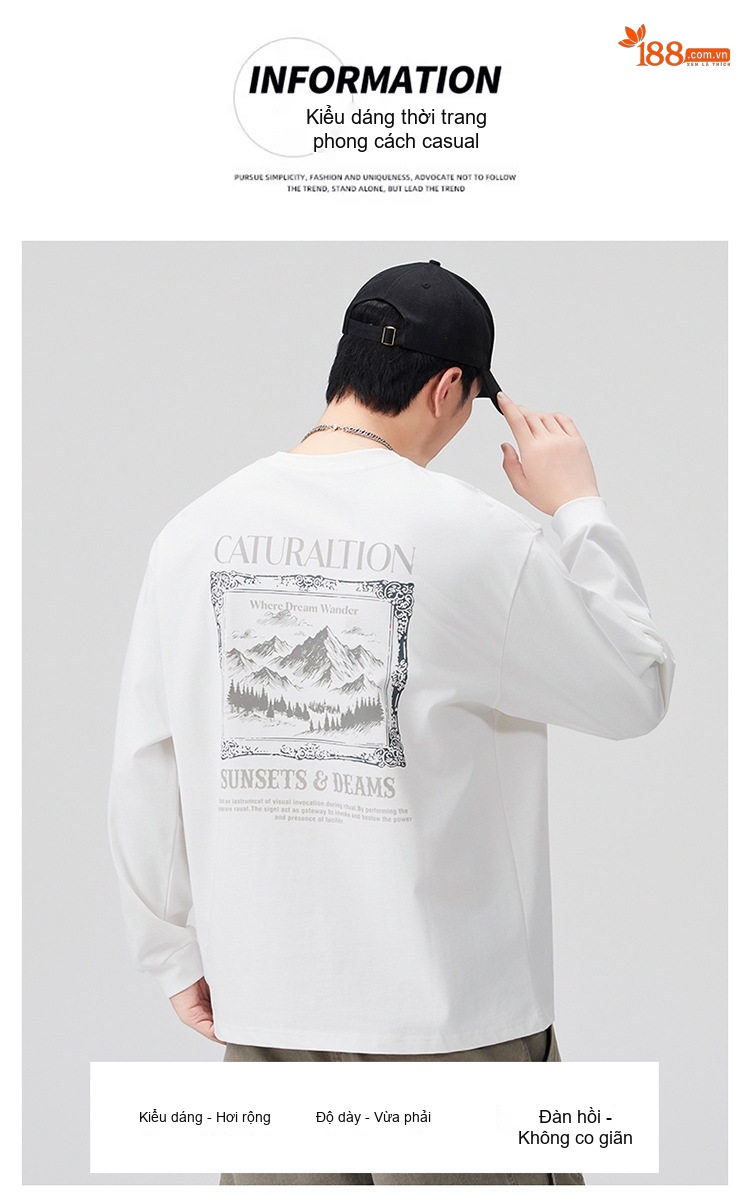 Áo Thun Tay Dài Nam Cotton Kiểu Dáng Tối Giản In Hình Phong Cảnh Màu Trắng chi tiết 2