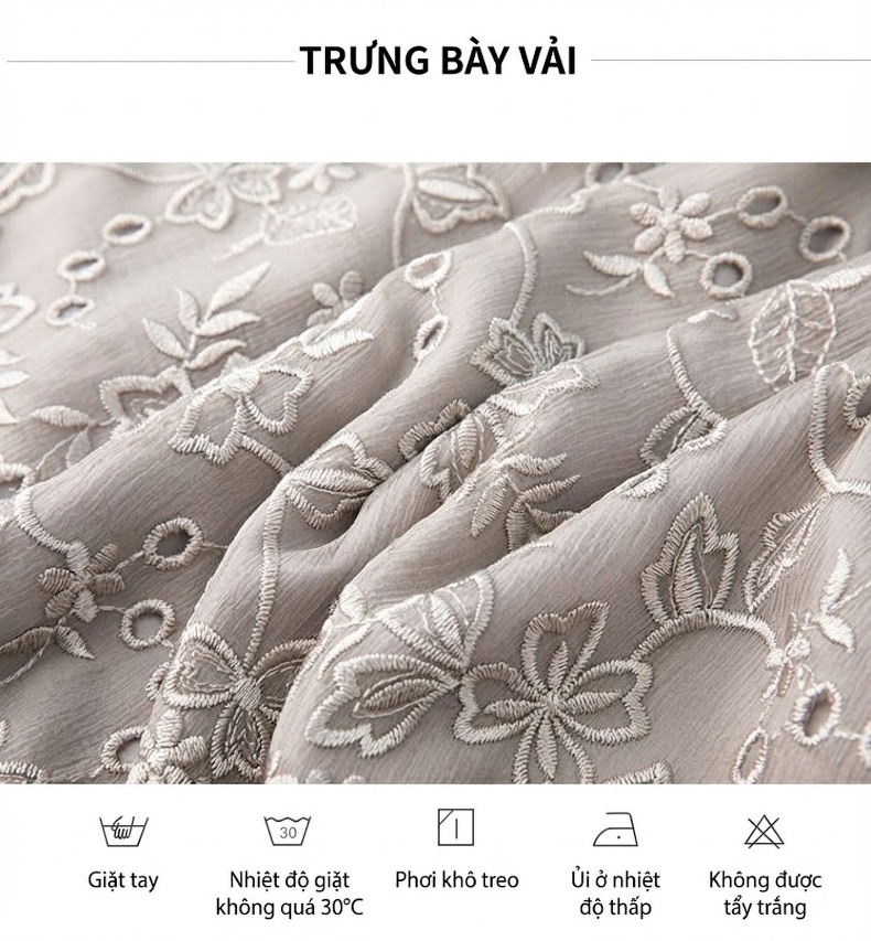Váy Dài Thêu Hoa Lụa Tơ Tằm dáng chữ A Cổ chữ V Phong Cách Pháp Màu Xám chi tiết 4