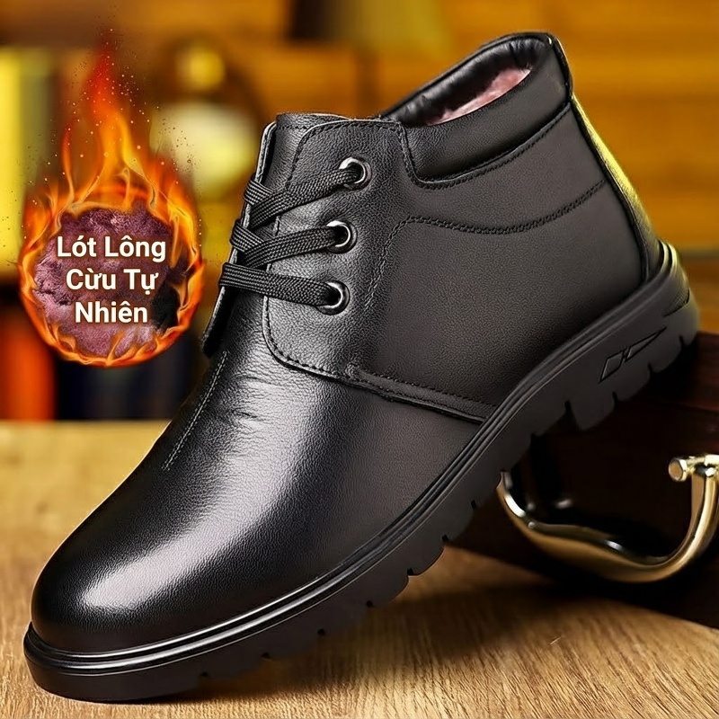 Giày Da Thật Nam Cổ Cao Lót Lông Cừu Mùa Đông Chống Trượt Chiều Cao Đế Khoảng 3cm Màu Đen