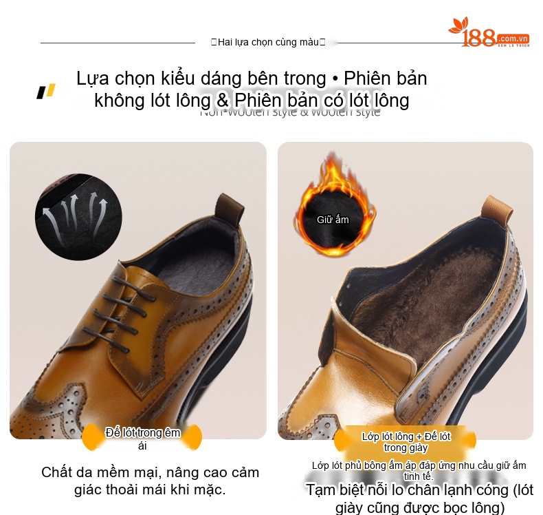 Giày Tây Buộc Dây Nam Da Bò Chiều Cao Đế Khoảng 3cm Màu Đen, Nâu chi tiết 4