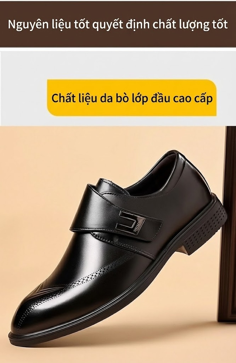 Giày Tây Nam Da Bò Mềm Mại Chiều Cao Đế Khoảng 3cm Màu Đen, Nâu chi tiết 4