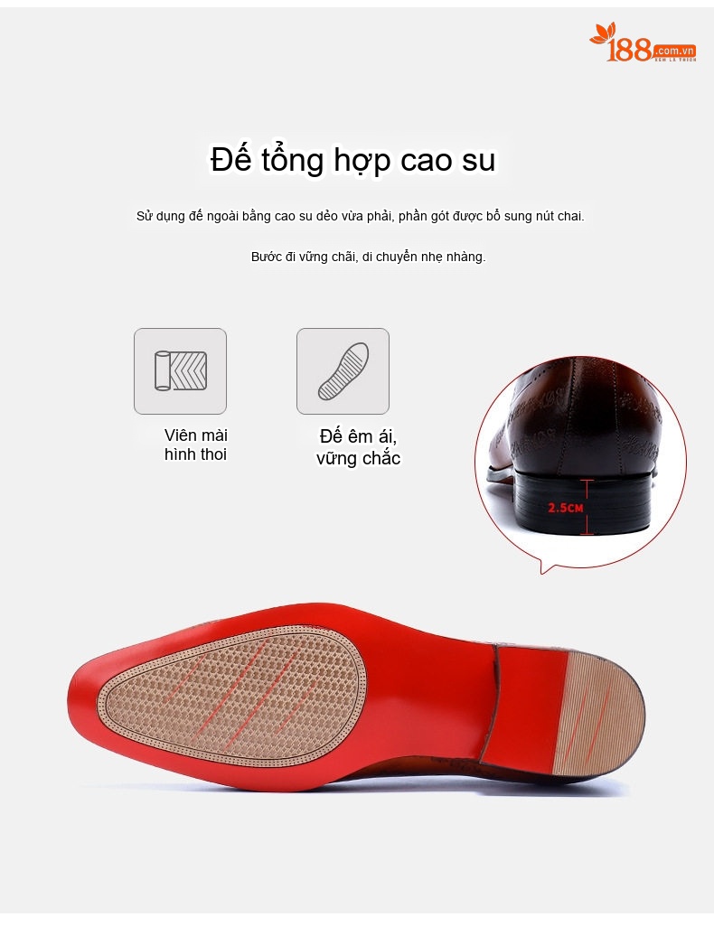 Giày Tây Buộc Dây Nam Da Bò Cao Cấp Chiều Cao Đế Khoảng 3cm Màu Nâu Đậm chi tiết 10