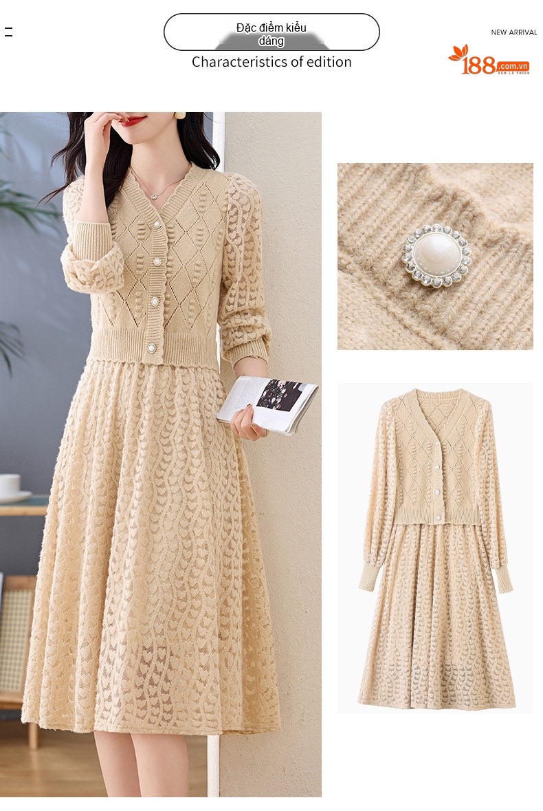 Váy Dệt Kim Nữ Tay Dài Dáng Xòe Họa Tiết Lỗ Màu Be, Hồng, Đen chi tiết 4