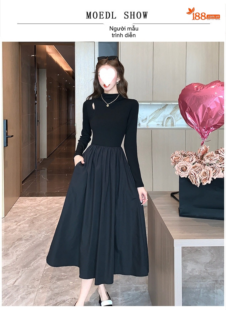 Váy Dài Tay Dài Cổ Lọ Nửa Màu Đen Phong Cách Hepburn, Váy Xòe Chiết Eo Thanh Lịch chi tiết 4