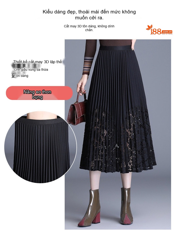 Chân Váy Midi Xếp Ly Ren Lưới Phong Cách Hàn Quốc Màu Đen chi tiết 4
