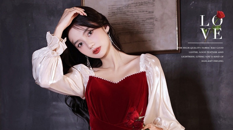 Váy Dự Tiệc Nữ Tay Dài Chất Liệu Nhung Đỏ Rượu Vang Phong Cách Tối Giản chi tiết 1