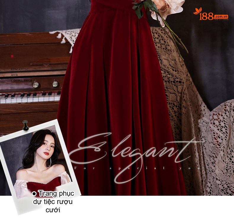 Váy Dự Tiệc Nữ Tay Dài Chất Liệu Nhung Đỏ Rượu Vang Phong Cách Tối Giản chi tiết 2