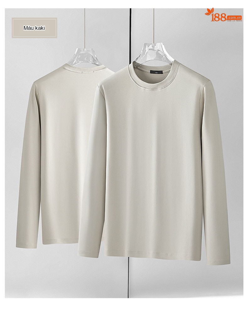 Áo Thun Dài Tay Nam Cotton Lụa Xử Lý Amoniac Màu Trắng, Kem, Nâu, Đen chi tiết 22