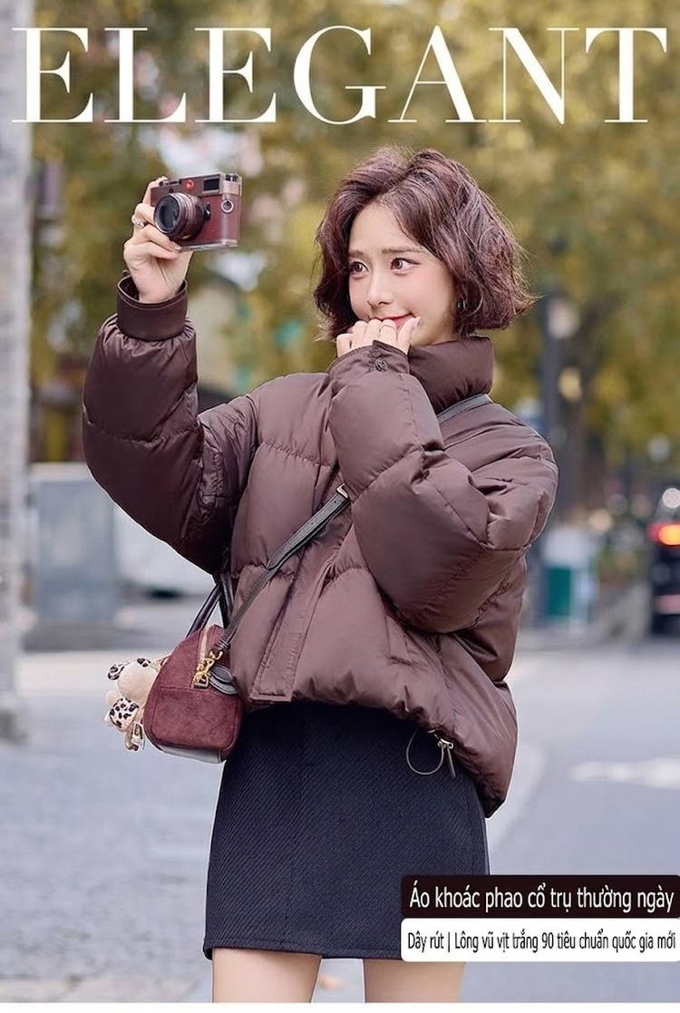 Áo Khoác Phao Nữ Ngắn 90% Lông Vịt Trắng Dáng Bánh Mì Phong Cách Hàn Quốc Màu Nâu, Kem chi tiết 1