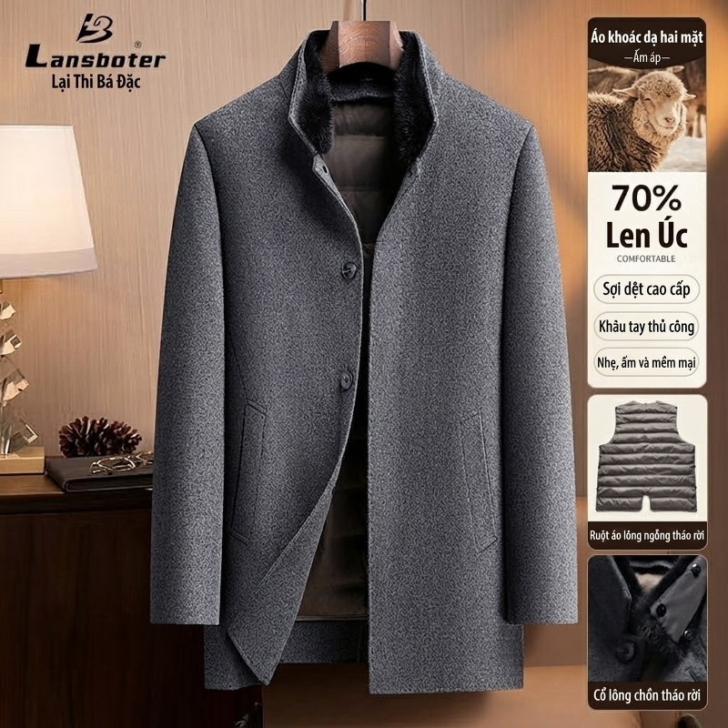 Áo Khoác Dạ Nam Lông Cổ Chồn Tháo Rời Lót Lông Vũ Màu Xám, Xanh Navy, Đen