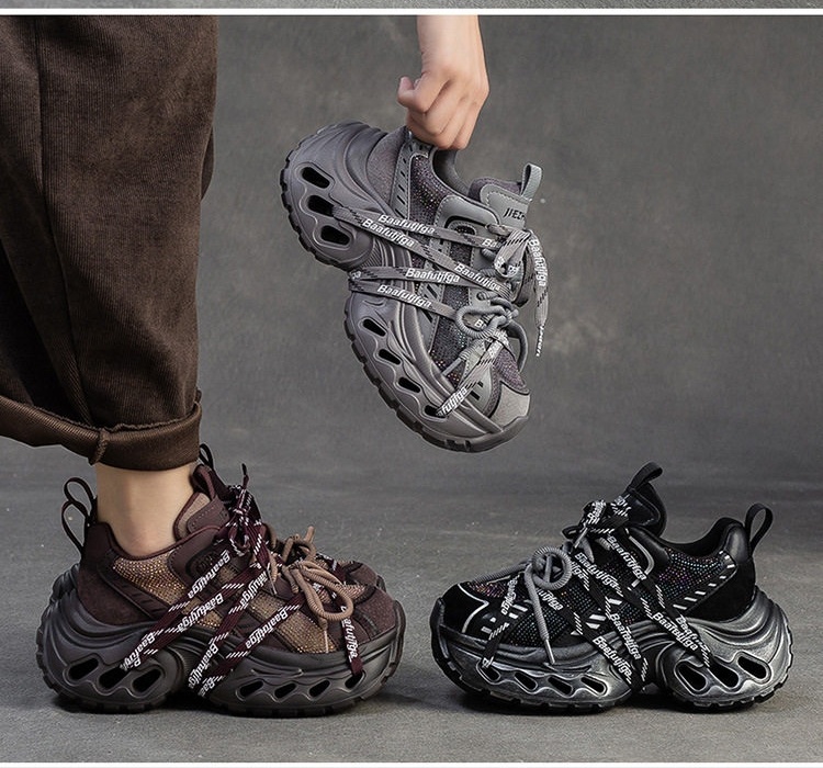Giày Sneaker Nữ Đế Xuồng Dây Buộc Phong Cách Retro Chiều Cao Đế Khoảng 5cm Màu Đen, Xám, Nâu chi tiết 17