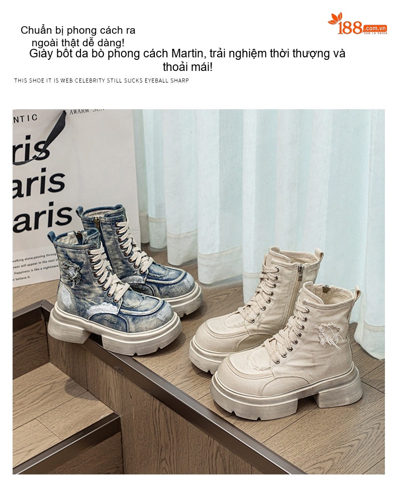 Boot Martin Nữ Vải Canvas Cao Cổ Chiều Cao Đế Khoảng 5cm Màu Xanh Jean, Kem chi tiết 3
