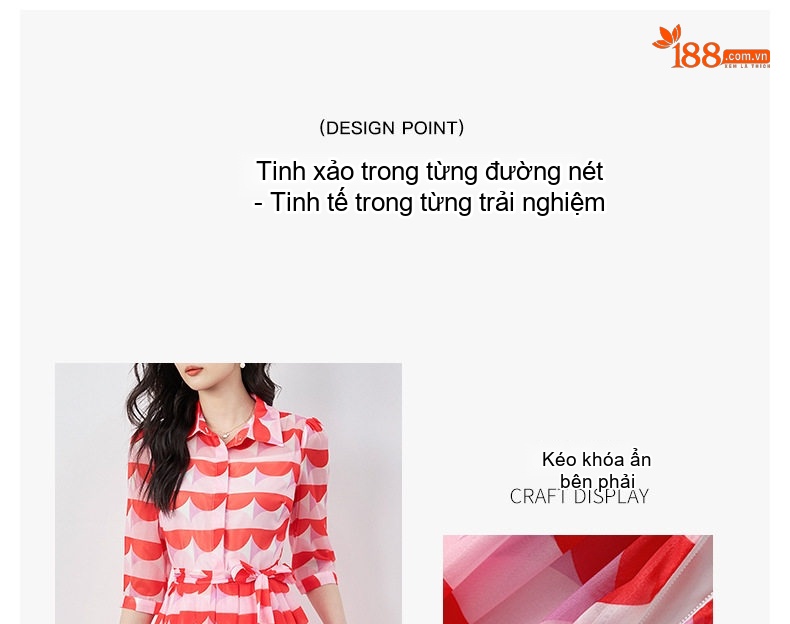 Váy liền thân Nữ Pháp Cổ Điển Thắt Eo Hoạ Tiết Kính Lưu Ly Chất Vải Voan Màu Đỏ, Hồng chi tiết 4