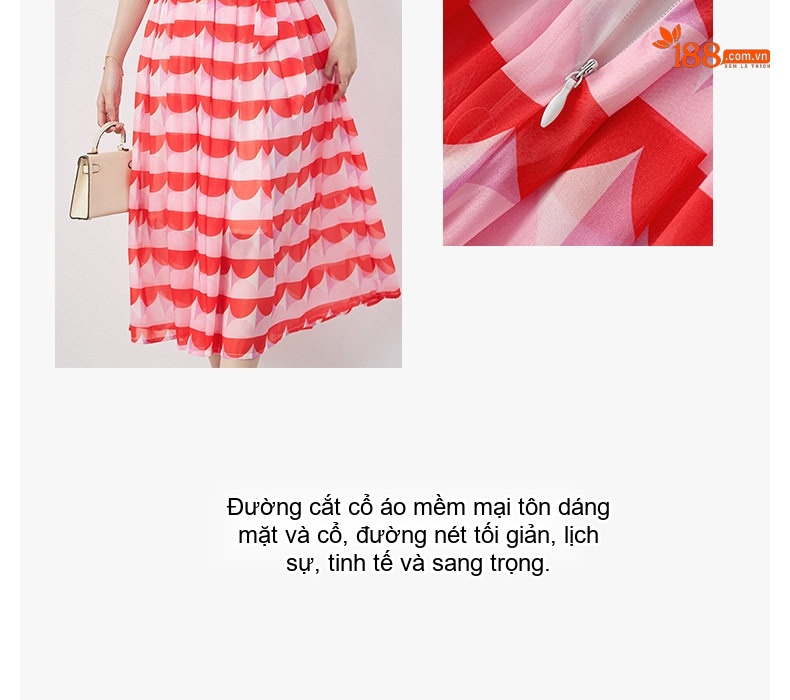 Váy liền thân Nữ Pháp Cổ Điển Thắt Eo Hoạ Tiết Kính Lưu Ly Chất Vải Voan Màu Đỏ, Hồng chi tiết 5