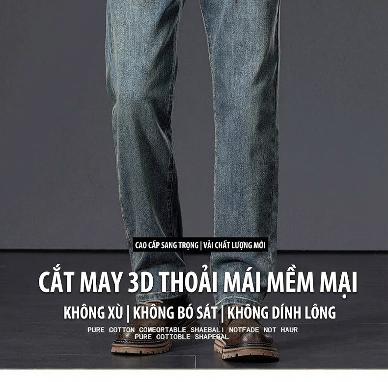 Quần Jean Nam Ống Suông Cotton Co Giãn Màu Xanh Vintage chi tiết 2