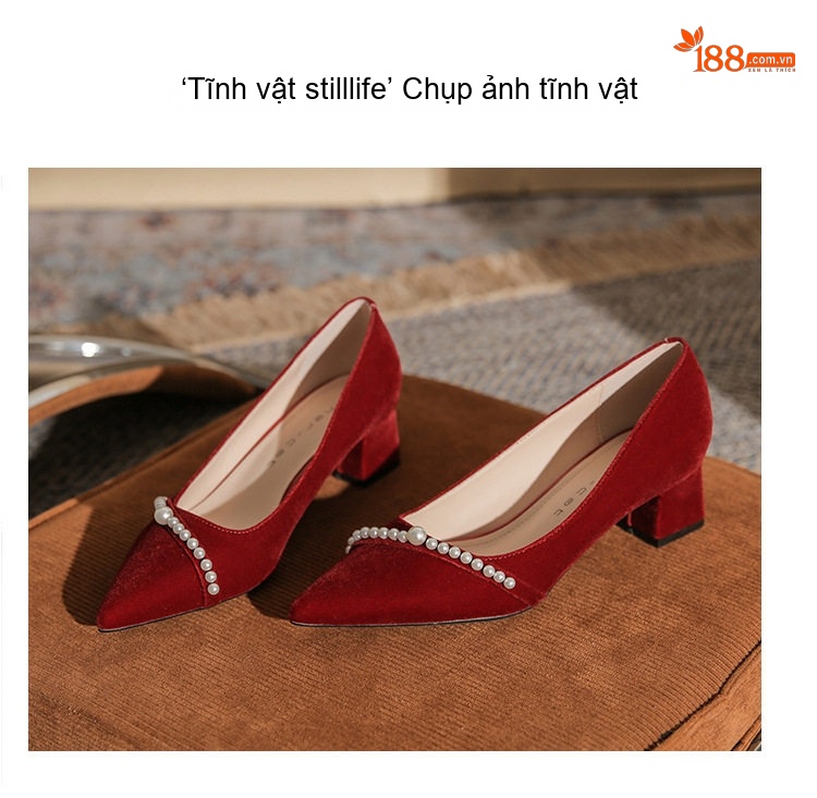 Giày Cao Gót Mũi Nhọn Nữ Quai Ngọc Trai Chiều Cao Đế Khoảng 5cm Màu Đỏ, Trắng chi tiết 23