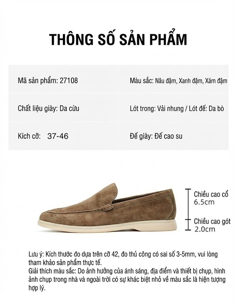 Giày Lười Nam Da Cừu Mềm Mại, Chống Mài Mòn, Chiều Cao Đế Khoảng 3cm Màu Xám, Nâu, Xanh Navy chi tiết 2