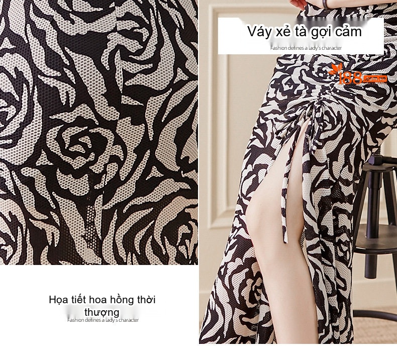 Váy Dài Nữ Xẻ Tà Họa Tiết Ôm Eo Phong Cách Quý Cô chi tiết 5