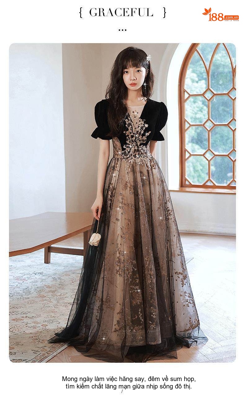 Váy Dạ Hội Nữ Kiểu Công Chúa Bồng Bềnh Sang Trọng Màu Đen chi tiết 11