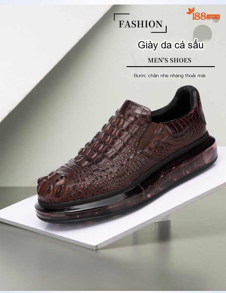 Giày Lười Nam Vân Cá Sấu Thời Trang Chiều Cao Đế Khoảng 4cm Màu Nâu chi tiết 6