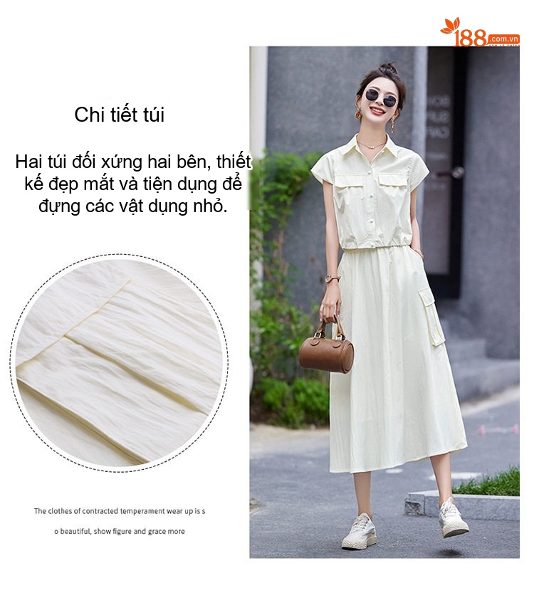 Set Bộ Áo Croptop Tay Ngắn Và Chân Váy Công Sở Dáng Dài Xòe Phong Cách Hàn Quốc Màu Xám, Kem, Xanh Olive chi tiết 7