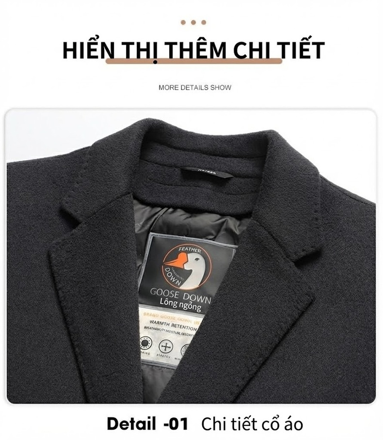 Áo Khoác Dạ Nam Hai Mặt Lót Lông Vũ Có Thể Tháo Rời Màu Nâu, Đen chi tiết 26