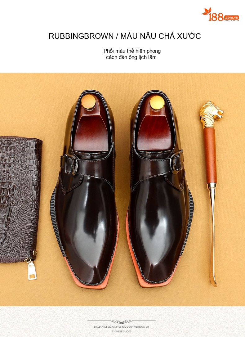 Giày Monk Strap Nam Da Bóng Cao Cấp Chiều Cao Đế Khoảng 3cm Màu Đen chi tiết 11