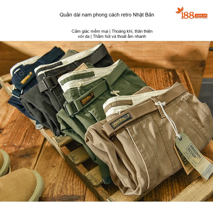 Quần Jogger Nam Cotton Ống Loe Túi Hộp Phong Cách Mỹ Màu Be, Xanh Rêu, Xám, Xanh Navy chi tiết 1