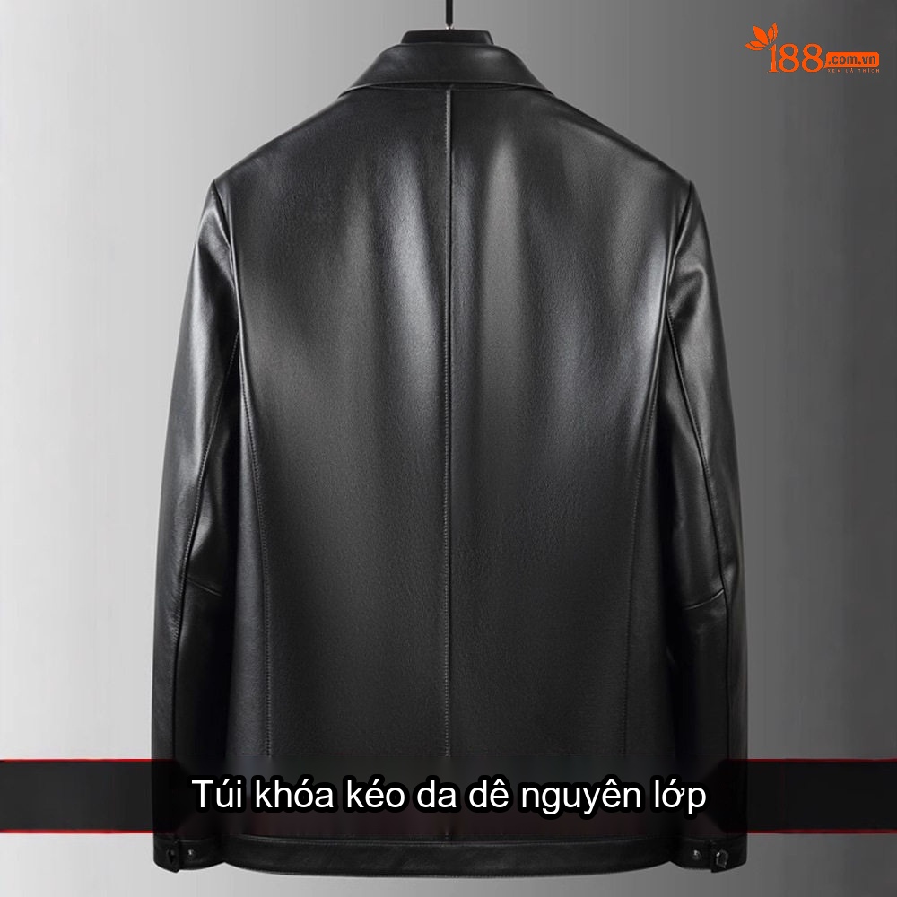 Áo Khoác Da Nam Da Cừu Trung Niên Cao Cấp Có Túi Khóa Kéo Màu Đen