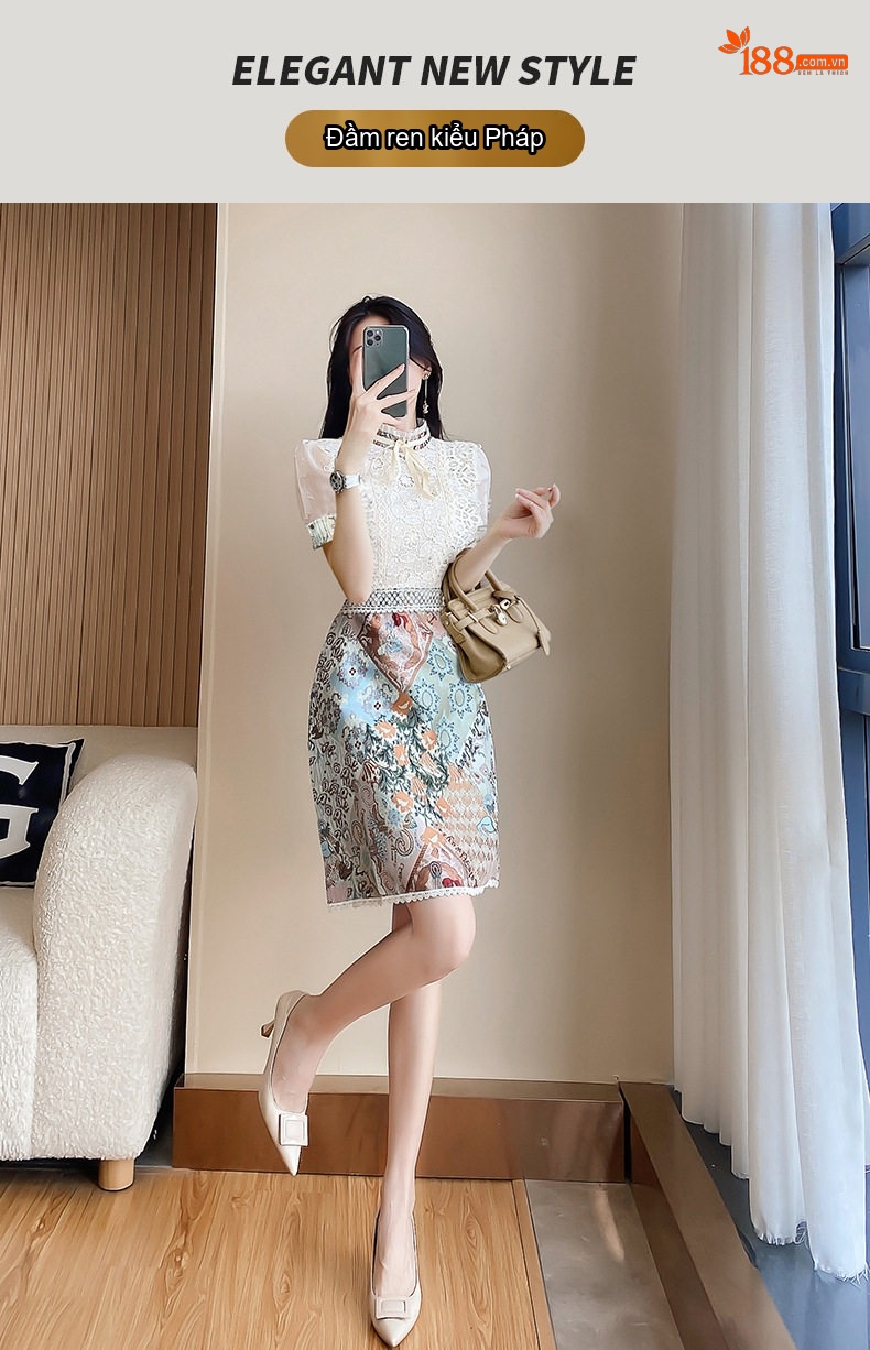 Váy liền thân Nữ Ren Pháp Tay Ngắn Dáng Ôm Body Họa Tiết Hoa Nhỏ chi tiết 1