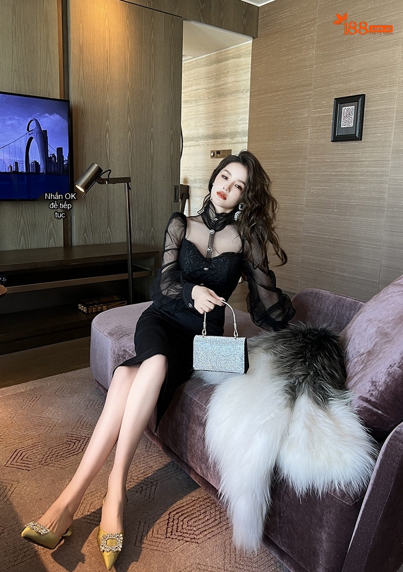 Váy Ôm Body Dài Tay Lưới Cổ Cao Tay Bồng Kiểu Quý Cô Màu Đen chi tiết 14