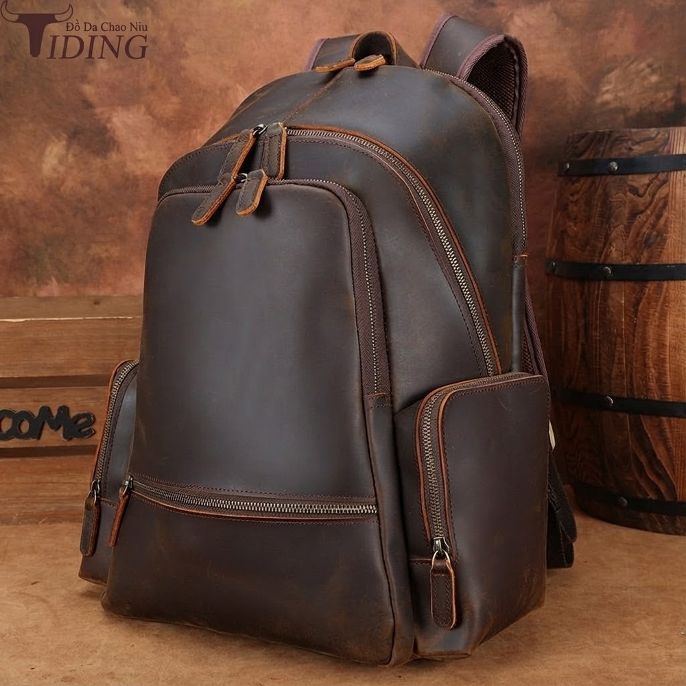 Balo Da Thật Crazy Horse Vintage Đựng Laptop 15.6 Inch Dung Tích Lớn Màu Nâu