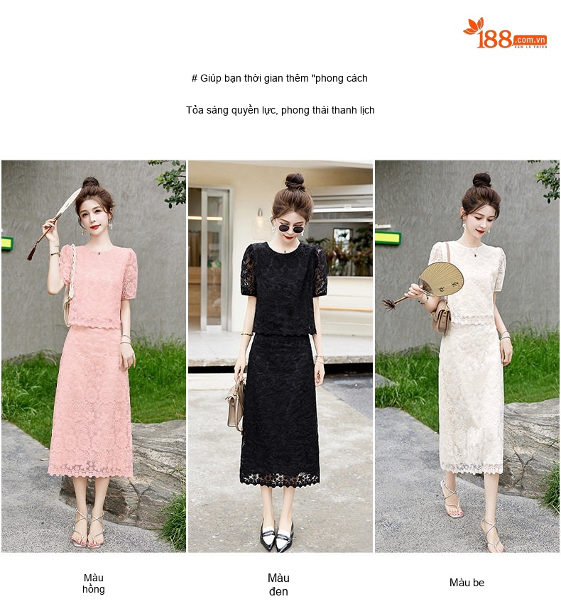Set Áo Croptop Tay Ngắn và Chân Váy Dài Ren Cao Cấp Màu Hồng, Đen, Trắng chi tiết 3