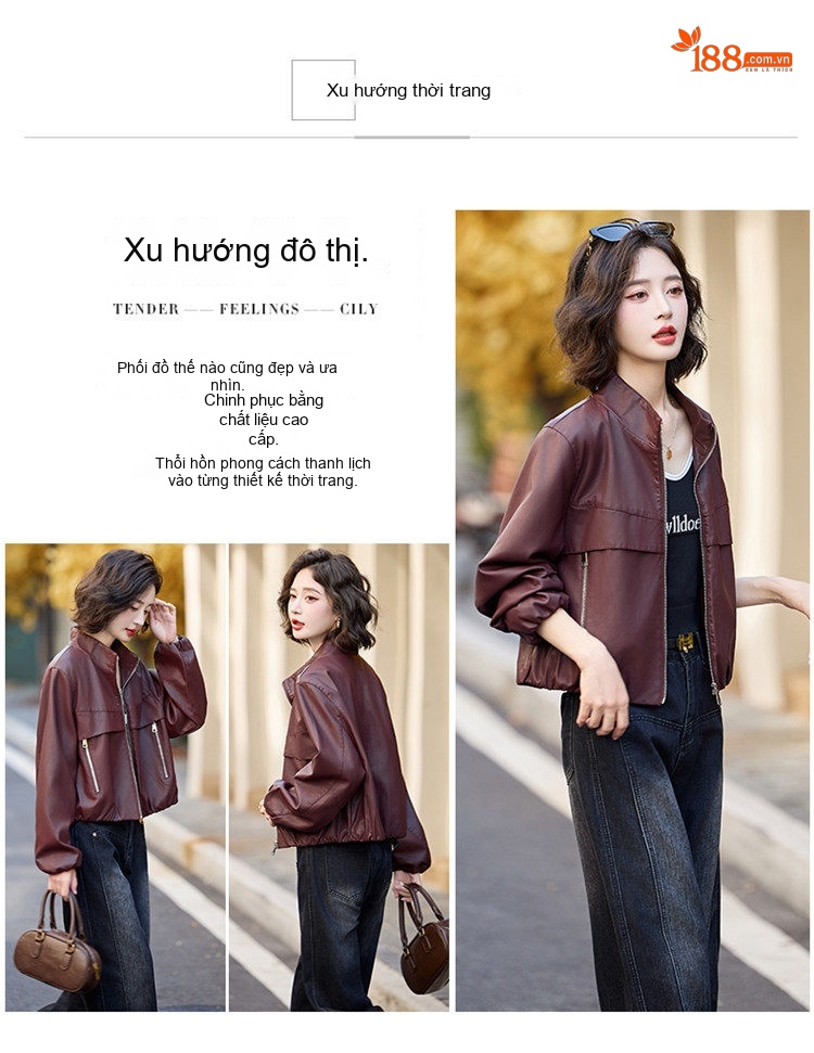 Áo Khoác Bomber Nữ Da Bóng Dáng Ôm Thời Trang Màu Đen, Nâu chi tiết 4
