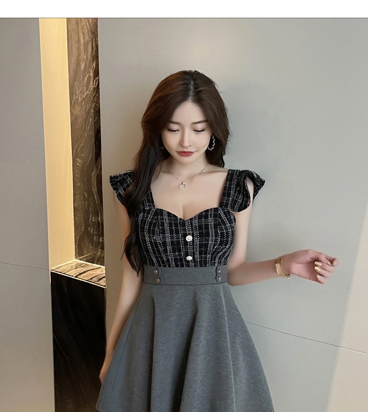 Đầm Ngắn Nữ Cổ Chữ V Xẻ Sâu Thiết Kế Phối Màu dáng chữ A Màu Xám, Trắng chi tiết 9
