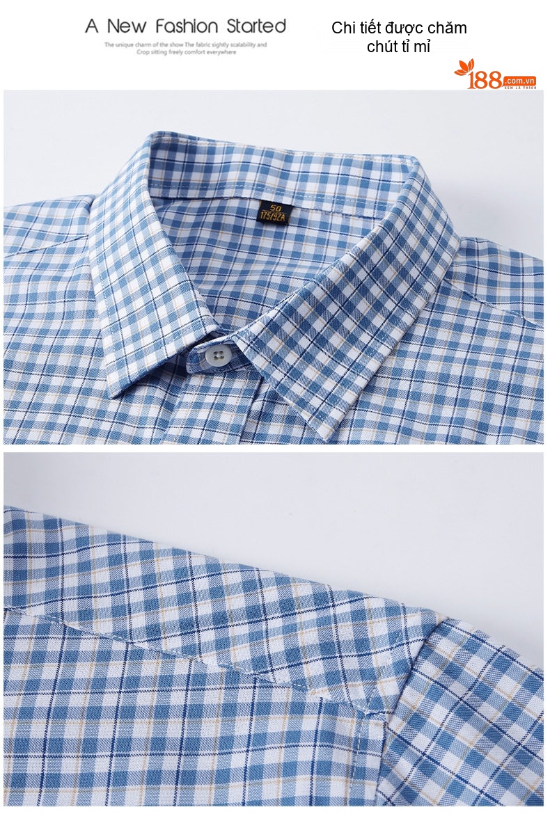Áo Sơ Mi Nam Ngắn Tay Cotton Lụa Băng Chống Nhăn Kẻ Caro Màu Xanh Dương, Trắng chi tiết 15