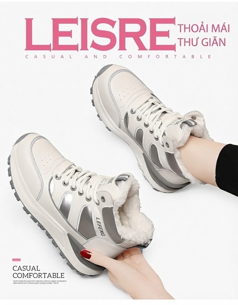 Giày Sneaker Nữ Đế Bằng Lót Lông Chiều Cao Đế Khoảng 4cm Màu Trắng, Đen, Xám chi tiết 2