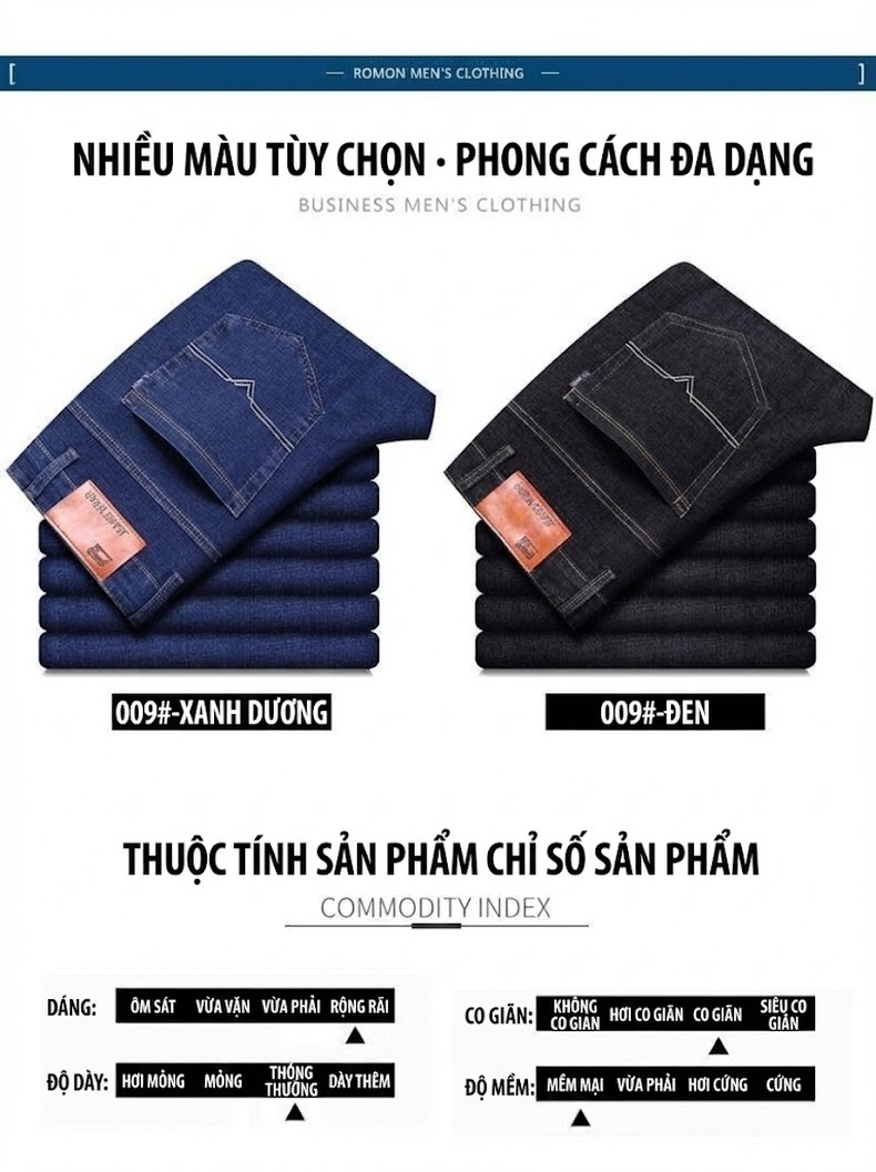 Quần Jean Nam Dáng Suông Co Giãn Thoải Mái Màu Xanh Navy, Đen chi tiết 6
