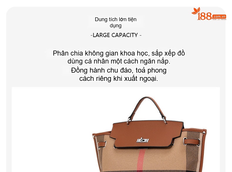 Túi Tote Nữ Vải Canvas Phối Da Bò Họa Tiết Kẻ Sọc Lớn Đựng Vừa A4 Màu Nâu chi tiết 7