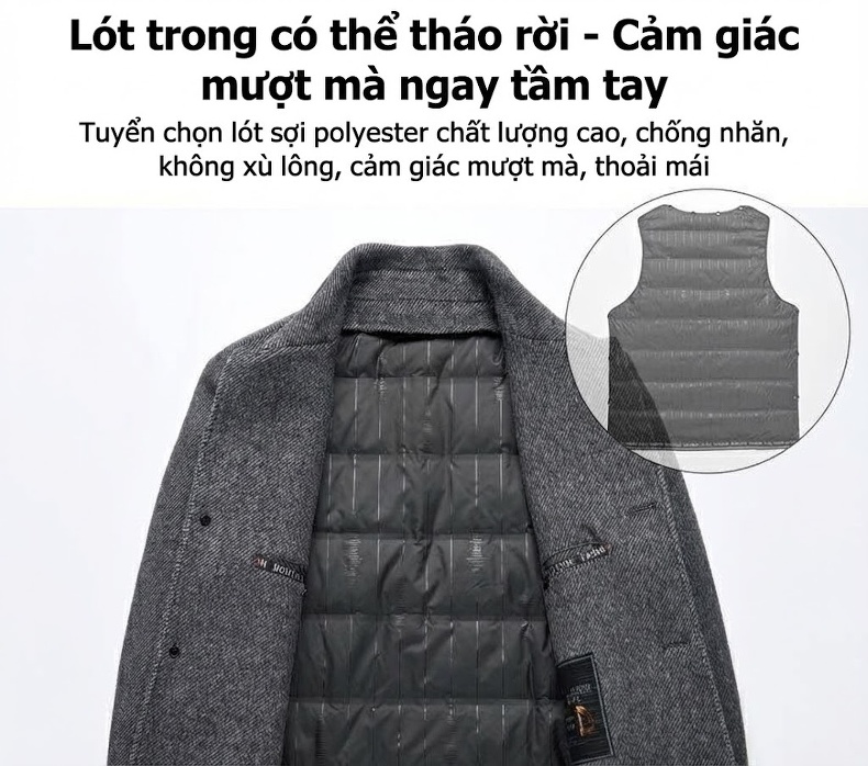 Áo Khoác Dạ Nam Dáng Dài Lót Lông Vũ Ấm Áp Màu Xám, Đen chi tiết 10