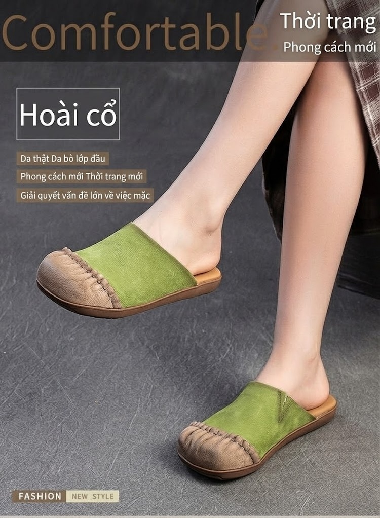Dép Sục Nữ Da Mờ Họa Tiết Chiều Cao Đế Khoảng 1cm Màu Nâu, Xanh Lá chi tiết 1