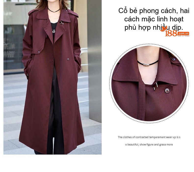 Áo Khoác Gió Dáng Dài Phong Cách Thời Trang Thanh Lịch Màu Nâu Đỏ, Xanh Olive chi tiết 8