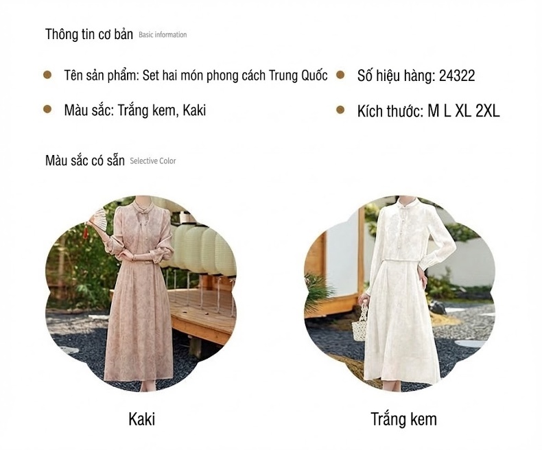 Váy Liền Thân Nữ Phong Cách Trung Hoa Cổ Điển Thiết Kế Tiểu Thư Tay Dài Màu Be chi tiết 1
