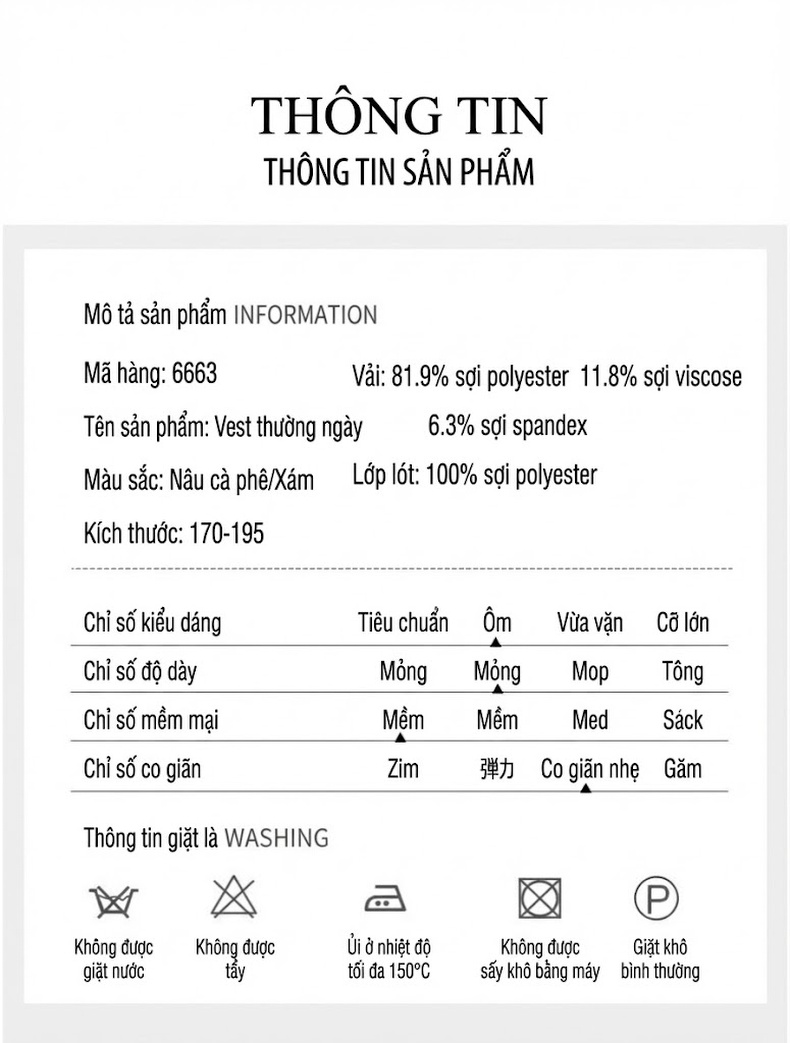 Áo Vest Nam Dáng Ôm Vừa Vặn Dày Dặn Không Nhăn Co Giãn Tốt Màu Nâu, Xám chi tiết 12