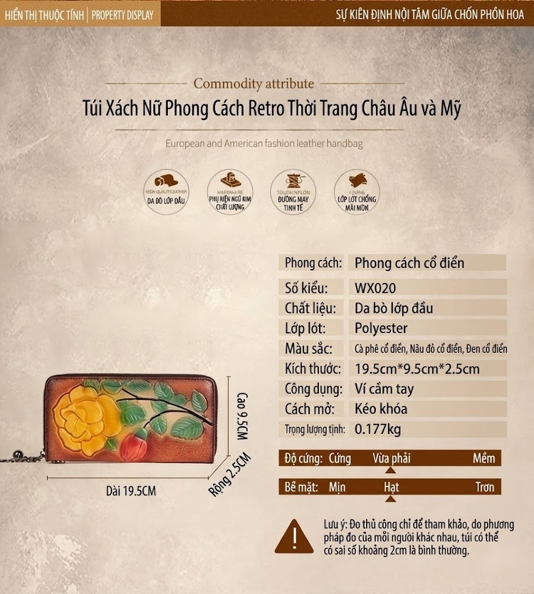 Ví Nữ Dáng Dài Khóa Kéo Họa Tiết Hoa Hồng Dập Nổi Phong Cách Châu Âu Màu Vàng, Đỏ, Đen... chi tiết 13