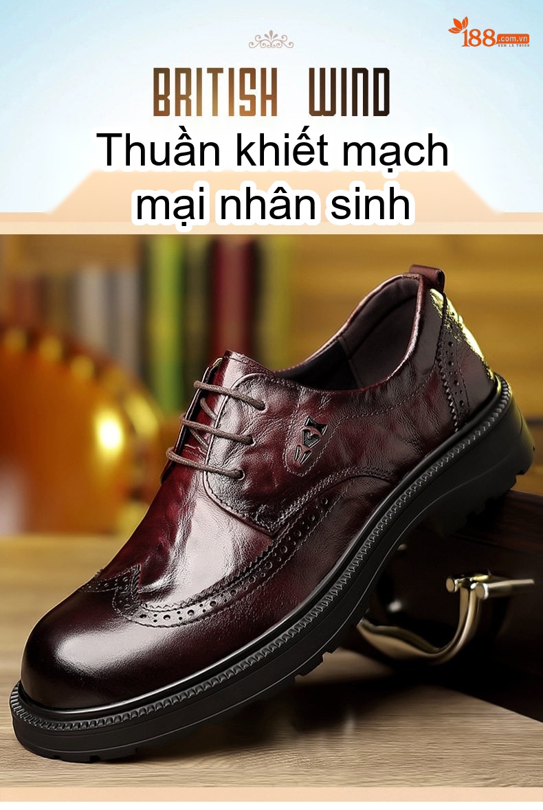 Giày Tây Buộc Dây Nam Da Bò Mềm Chiều Cao Đế Khoảng 3cm Màu Đen, Đỏ Rượu chi tiết 2
